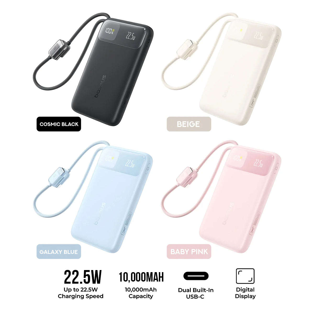 Baseus EnerFill FC11 Digital Display Power Bank with Dual Built-In USB-C Cables 10000mAh 22.5W