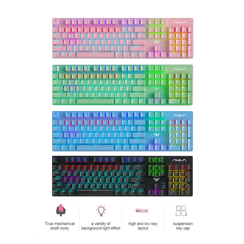 Aula Mountain S2022 Full Size Wired Mechanical Gaming Keyboard (Blue Switch) (Cherry Blossom Powder, Sky Blue, Emerald Green, Obsidian Black)