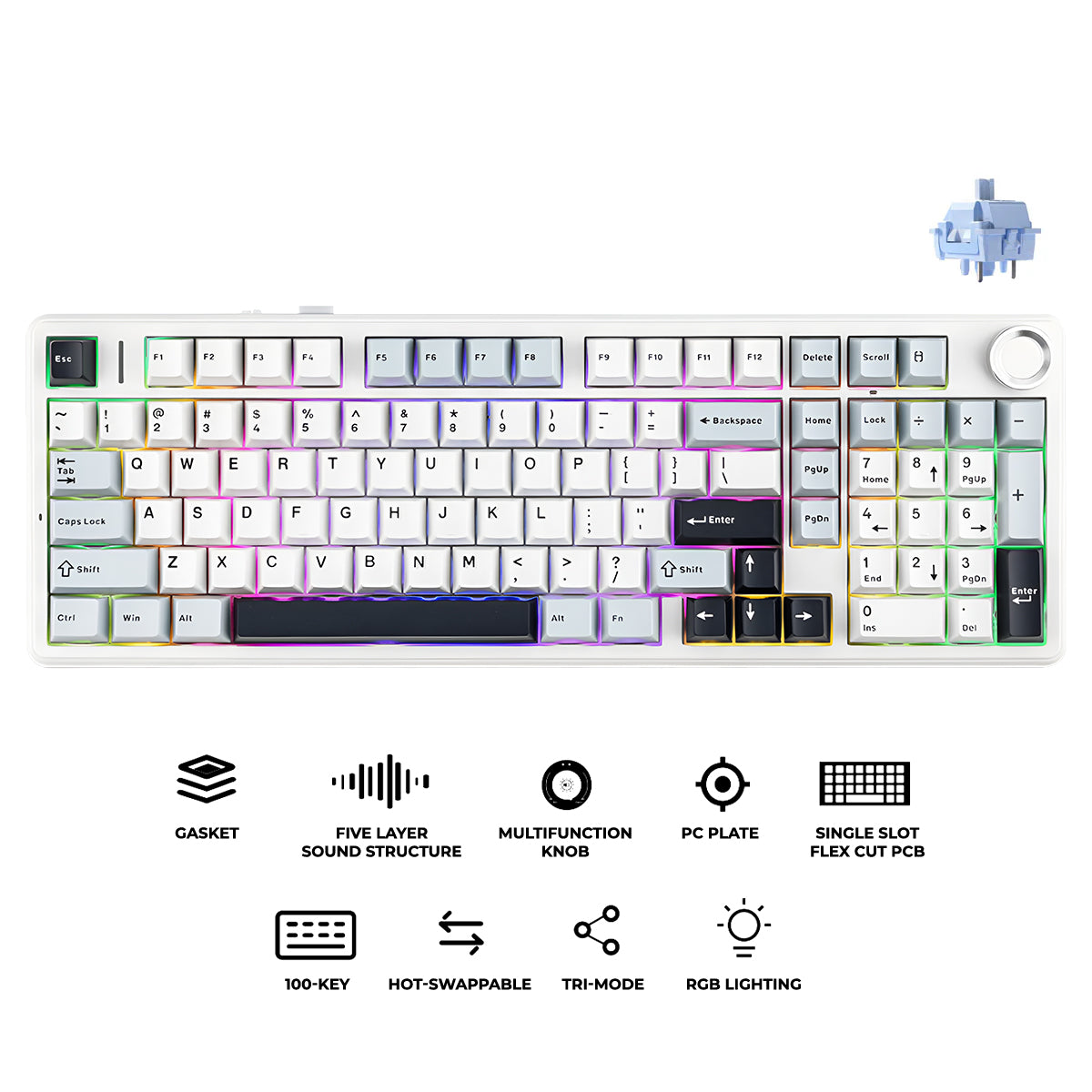 Aula F99 Pro Tri-Mode 96% 100-Key Gasket-Mounted Mechanical Keyboard with Knob (Star Vector Switch) (Blue/White/Black)