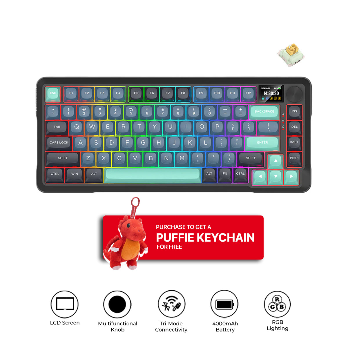 Redragon Behemoth K724GBG-RGB-PRO Tri-Mode Gasket Mounted Mechanical Keyboard with LCD Screen (Grey/Blue/Green) (Yolk RPC Linear Switch)