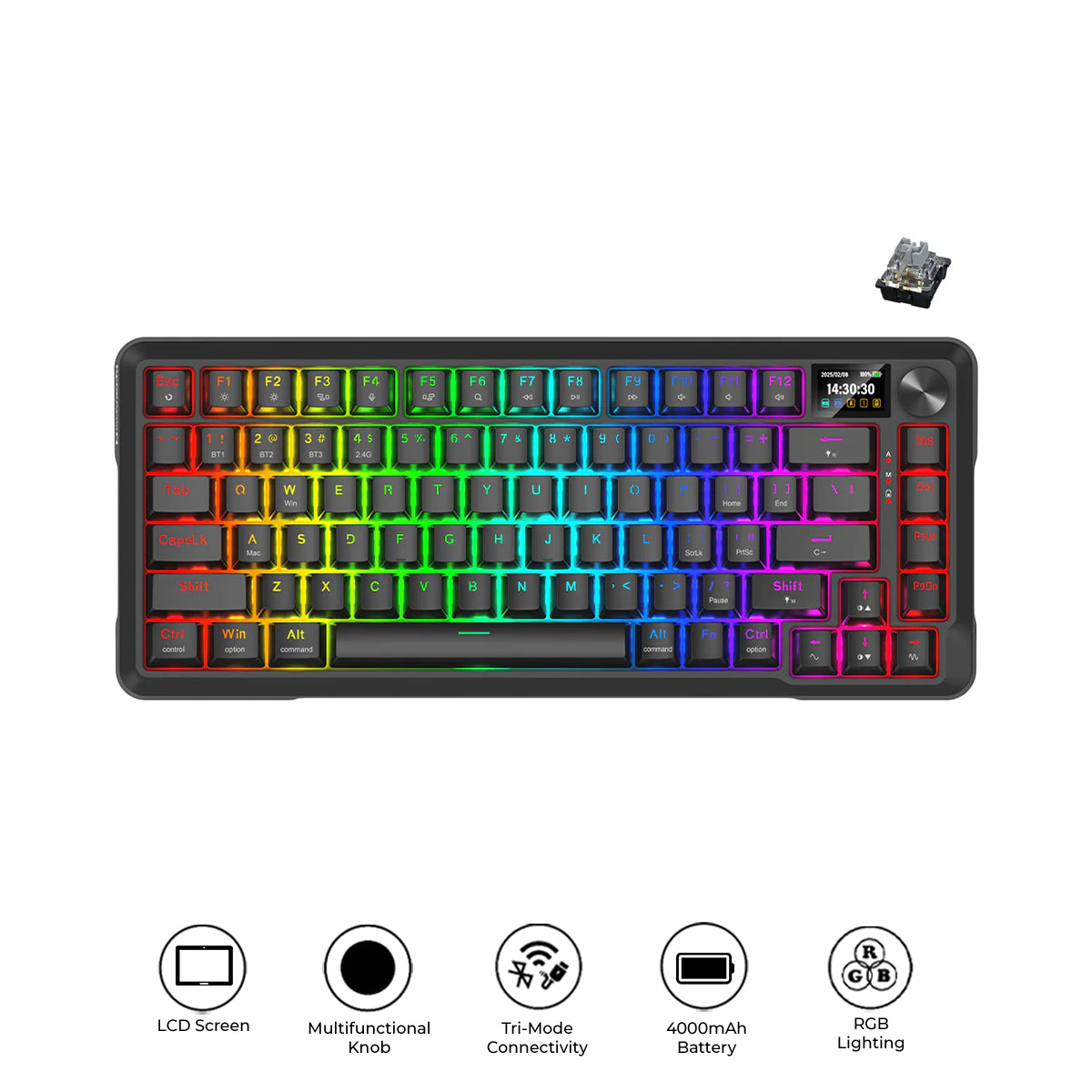 Redragon Behemoth K724RGB-PRO Tri-Mode Gasket Mounted Mechanical Keyboard with LCD Screen (Black) (RPC Linear Switch)