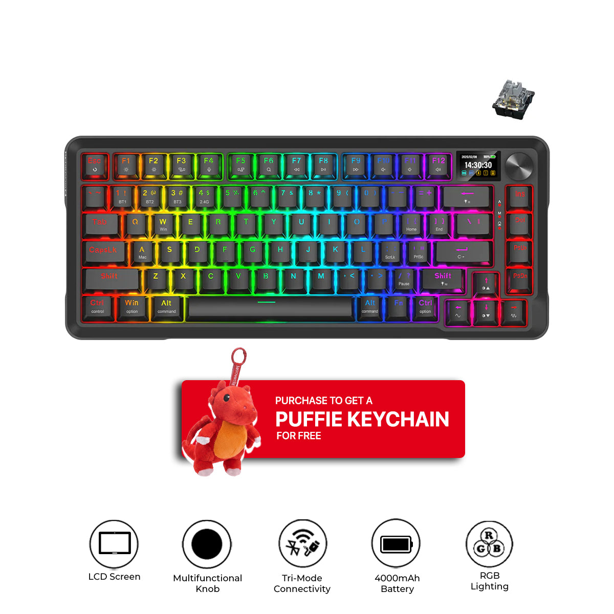 Redragon Behemoth K724RGB-PRO Tri-Mode Gasket Mounted Mechanical Keyboard with LCD Screen (Black) (RPC Linear Switch)