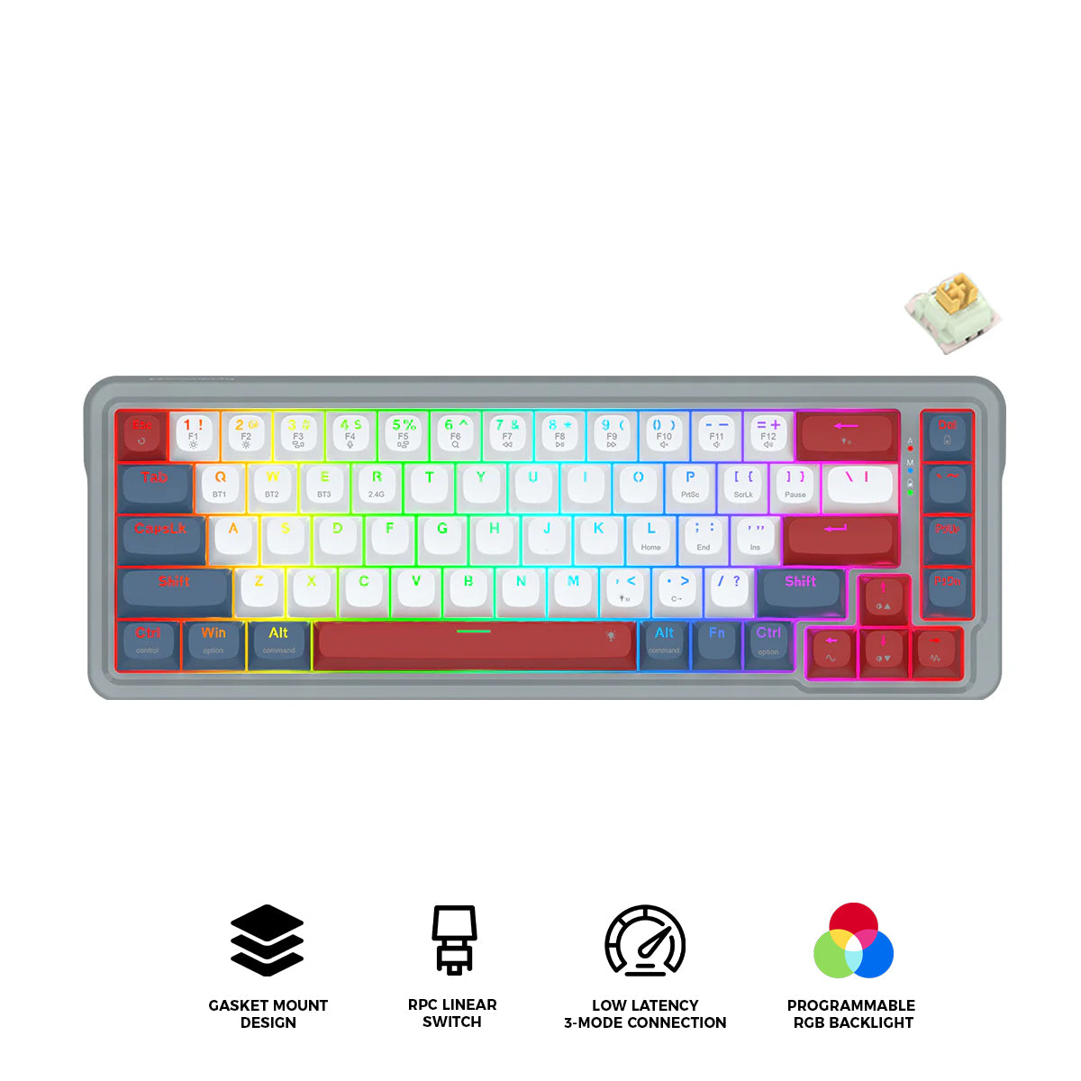Redragon K709GRW RGB Nova Pro 81 Keys 75% Hot-Swappable Gasket-Mounted Wireless Mechanical Gaming Keyboard (Yolk RPC Linear Switch) (Grey/Red/White)