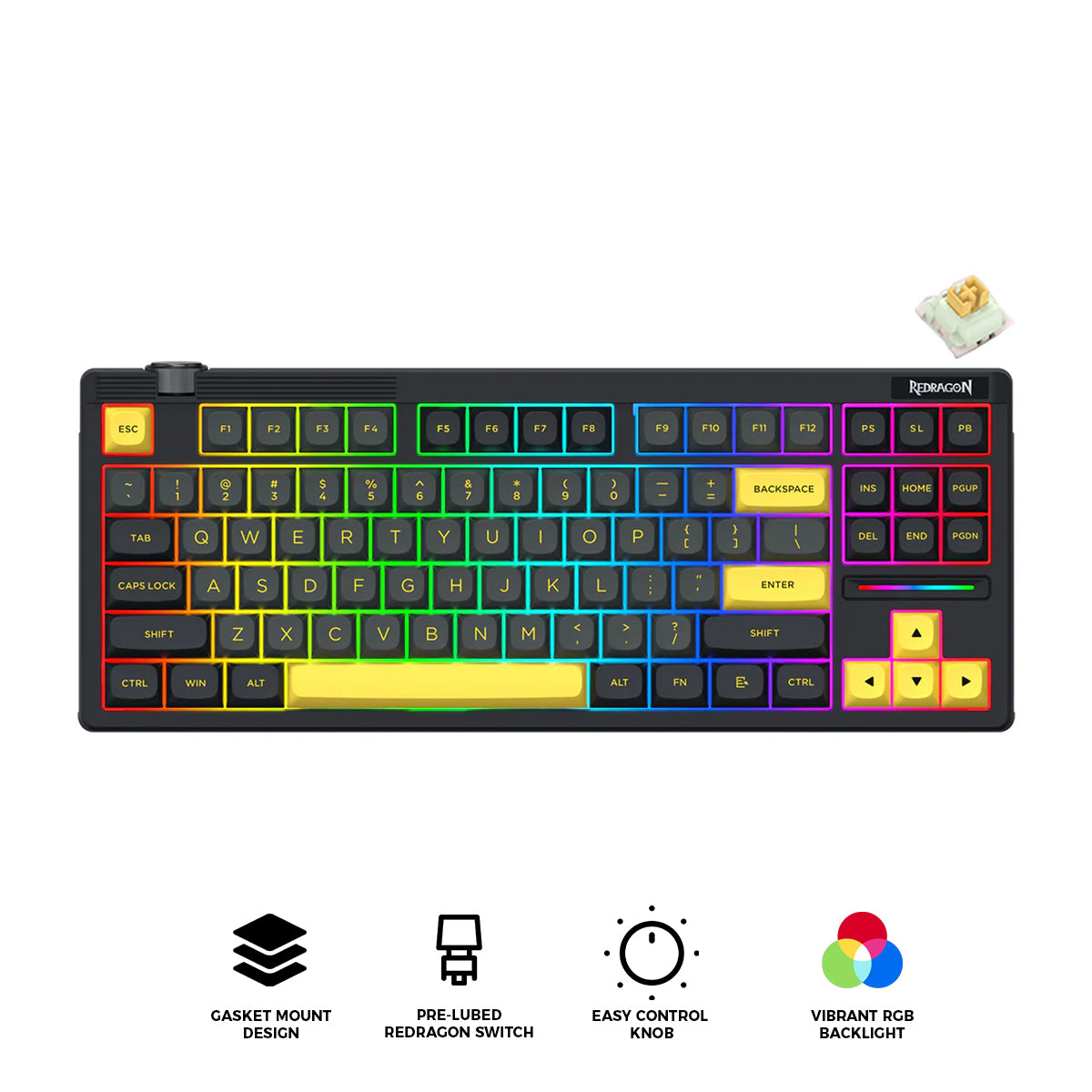 Redragon OTIIM Pro 3-Modes Connectivity 87 Keys Gasket Mechanical Keyboard (Black/Grey/Yellow) (K729BCY-RGB-PRO)