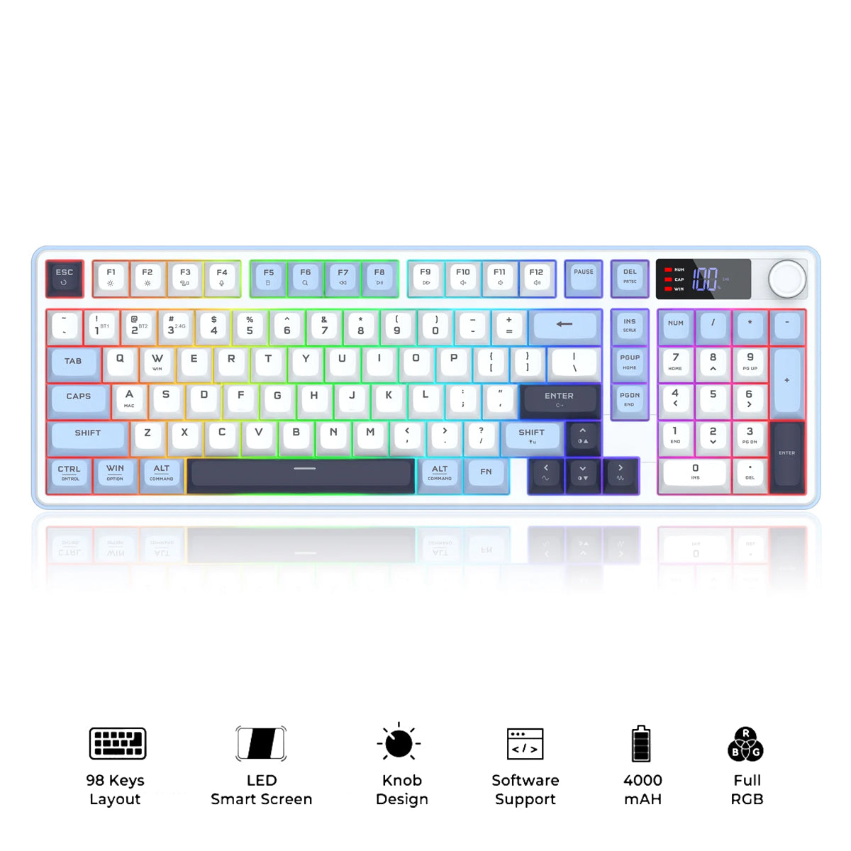 Redragon Aria Pro K527WBL Tri-Mode Ultra-Quiet Membrane RGB Keyboard with LCD Display & Knob Control (White/Blue)
