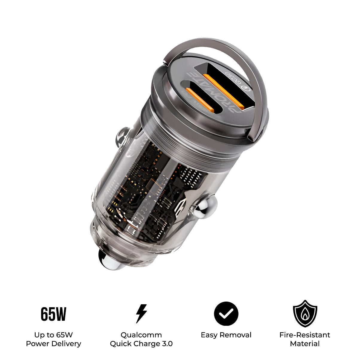 Promate TransDrive-65W 65W RapidCharge Transparent Mini Car Charger with Power Delivery & QC 3.0