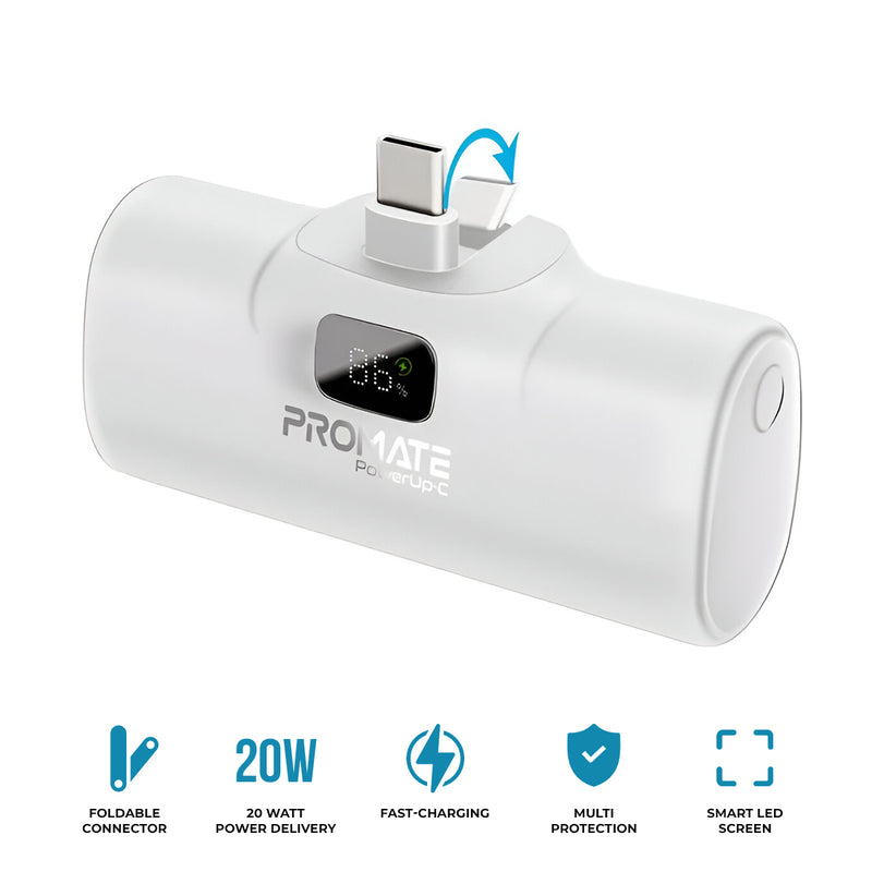 Promate PowerUp-C 5000MAH Ultra Compact 20W Fast Charging Power Bank In-Built Foldable Usb-C Connector (White)