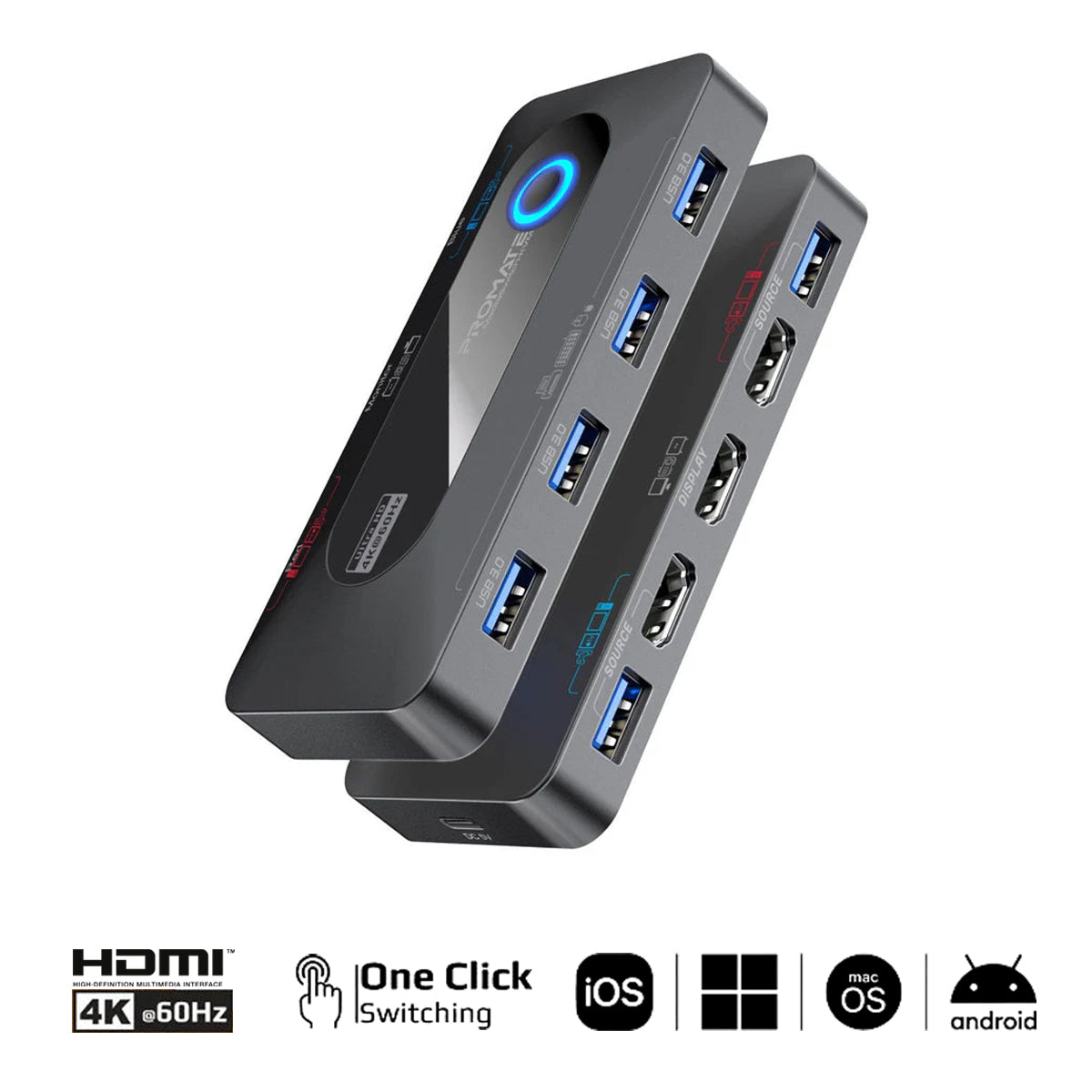 Promate MediaSwitch-KVM 4K at 60Hz KVM Switch with USB 3.0 Expansion