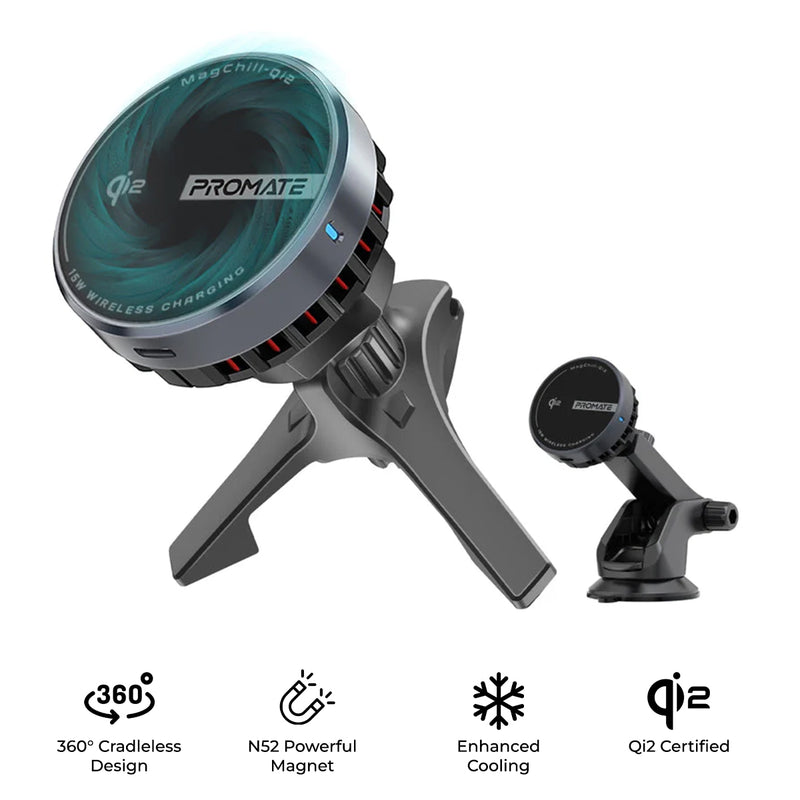 Promate MagChill-Qi2 ActiveCool Cradleless 15W Qi2 Certified Wireless SmartPhone Charger Mount