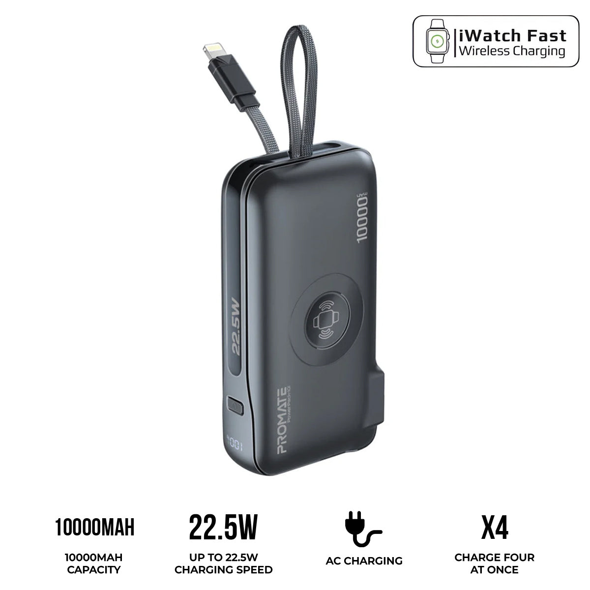 Promate PowerPack-10i Ultra-Compact Fast-Charging Power Bank with AC Charger, Apple Watch Charger & Built-In Lightning Cable