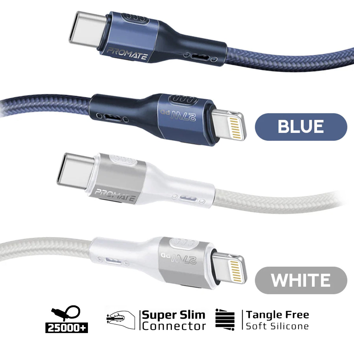Promate FletchLink-Ci Tough-Built 27W Power Delivery 120cm USB-C to Lightning Cable (Blue, Grey)