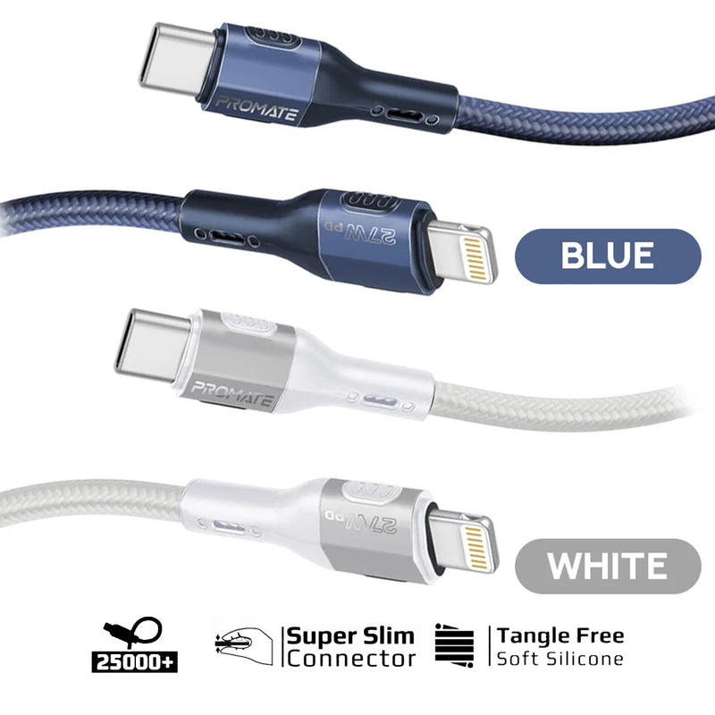 Promate FletchLink-Ci Tough-Built 27W Power Delivery 120cm USB-C to Lightning Cable (Blue, Grey)