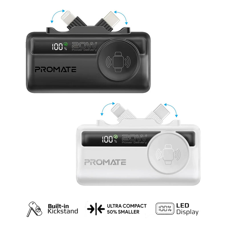 Promate PowerUp-Trio Ultra-Compact Fast Charging Power Bank with In-built USB-C, Lightning Connectors & Apple Watch Charger (Black, White)