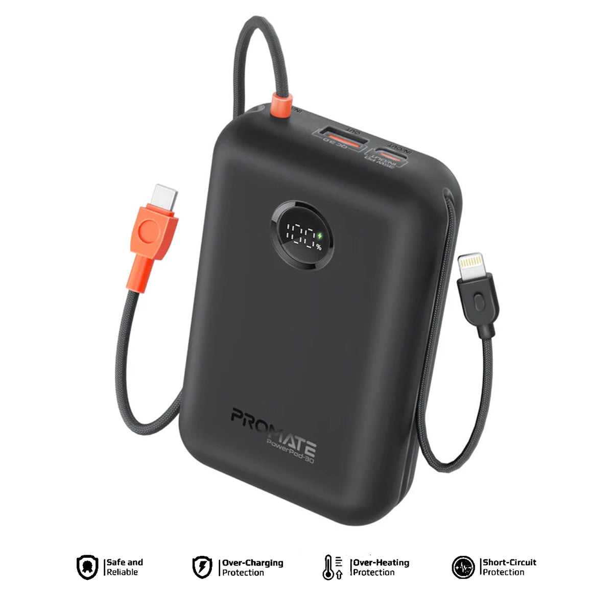 Promate PowerPod-30 30000mAh Compact Power Bank with Built-In USB-C & Lightning Cable (Black)