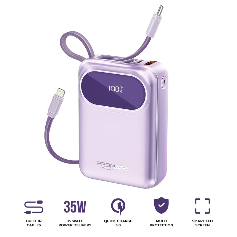 Promate Powerpod-20 20000mAh Ultra Compact 35W Superspeed Power Bank With Built-In Usb-C & Lightning Cable (Purple)