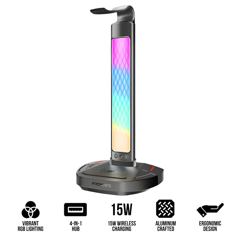 Promate FortX Multifunctional RGB Headset Stand with 15W Wireless Charger & USB Hub