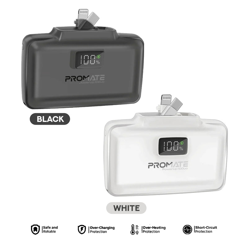Promate PowerUp-10 Duo 10000mAh 20W Ultra-Compact Fast Charging PowerBank with Dual Folding USB-C & Lightning Connector (Black, White)
