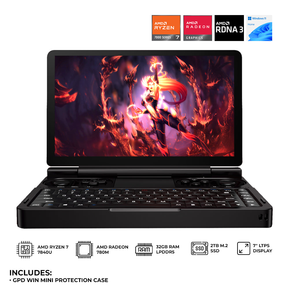 GPD Win Mini AMD Ryzen 7 7840U 7" LTPS Technology 120Hz 32GB RAM + 2TB SSD Windows 11 Gaming Clamshell Handheld Console + GPD Win Mini Protective Case