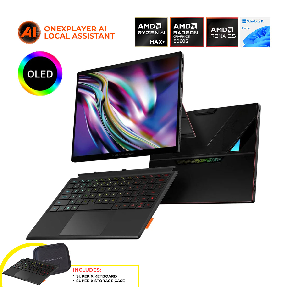 OneXPlayer Super X Liquid Version AMD Ryzen AI Max+ 395 14" 2880x1800 AMOLED Windows 11 Gaming Tablet-Laptop Hybrid + Super X Keyboard + Super X Storage Case + Super X Charger (48GB LPDDR5x RAM + 1TB SSD, 128GB LPDDR5x RAM + 2TB SSD)