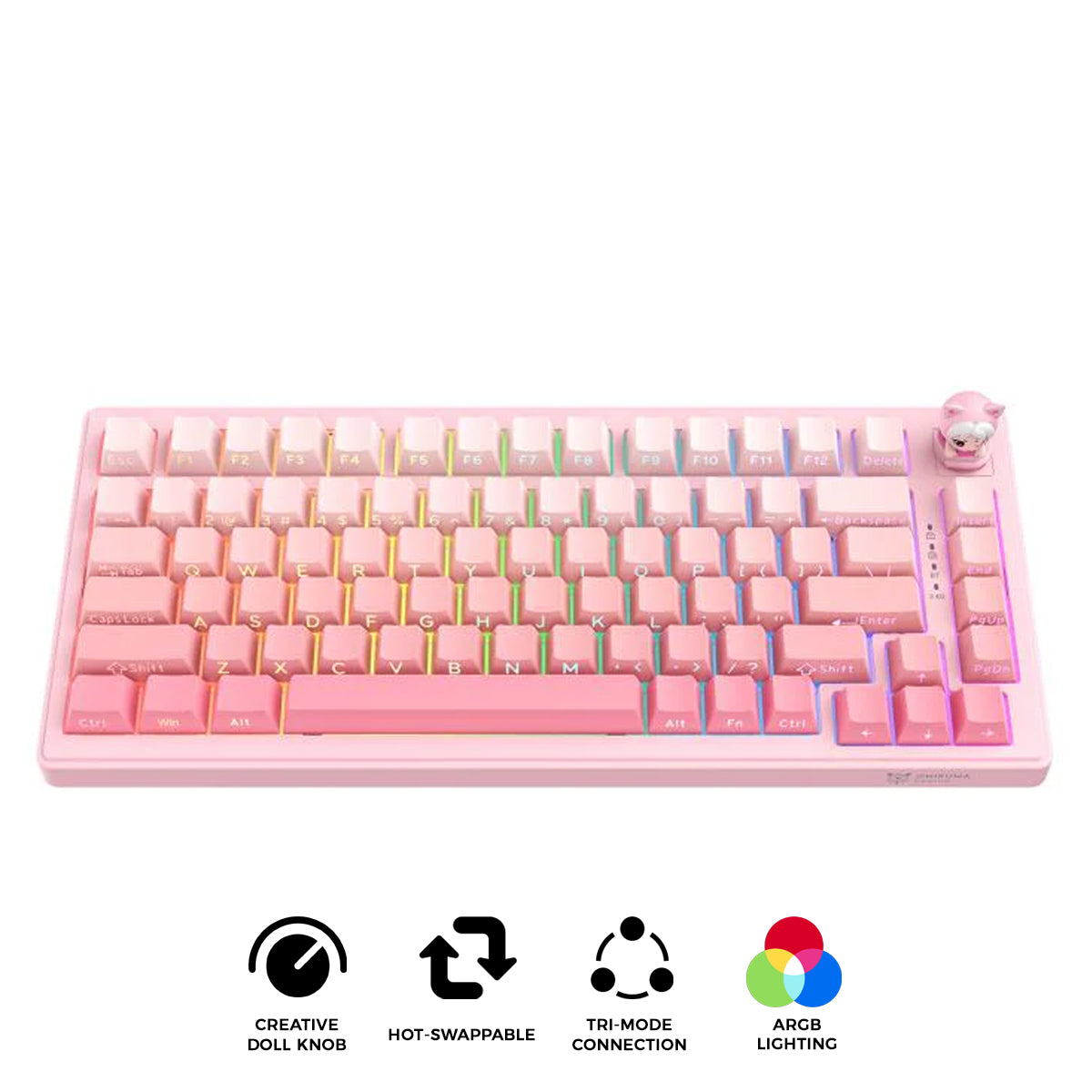 Onikuma MT707 Tri-Mode RGB 81 Keys Mechanical Keyboard with Creative Doll Knob (Pink)