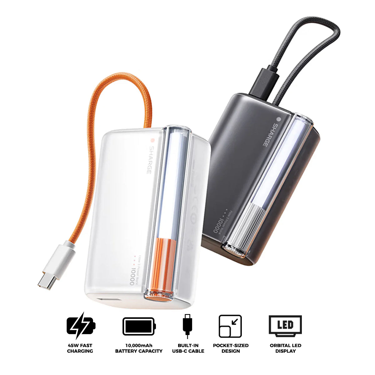 Sharge Flow 3 Power Bank 10000mAh 45W with Built-in USB-C Cable (P3) (Black, White)