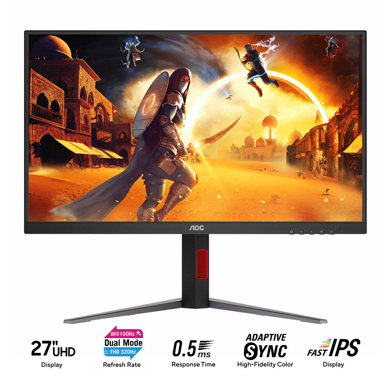 AOC U27G4/71 27" UHD (3840x2160) Dual Mode (FHD @ 320Hz or UHD @ 160Hz) 0.5ms MPRT Adaptive-Sync Fast IPS Gaming Monitor with Tilt, Pivot, Swivel & Height Adjustment (Black/Red)