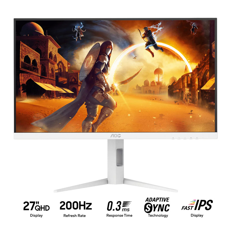 AOC Q27G4/WS/69 27" QHD (2560x1440) 200Hz 0.3ms MPRT Fast IPS Gaming Monitor with Tilt, Swivel, Pivot & Height Adjustment (White/Silver)