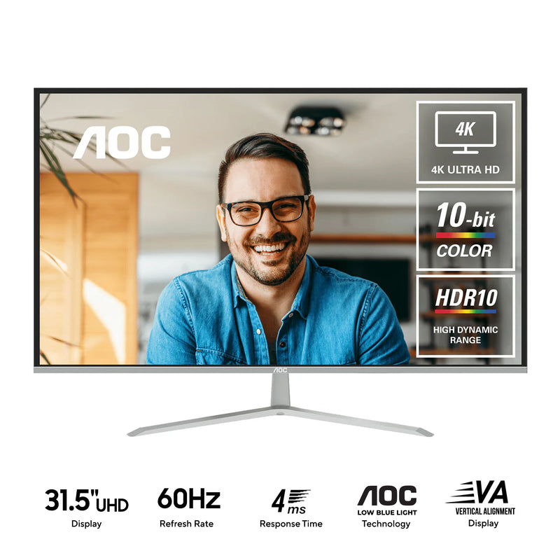 AOC U32V11N/71 31.5" UHD (3840x2160) 60Hz 4ms GTG VA Monitor with Tilt Adjustment (Black/Silver)