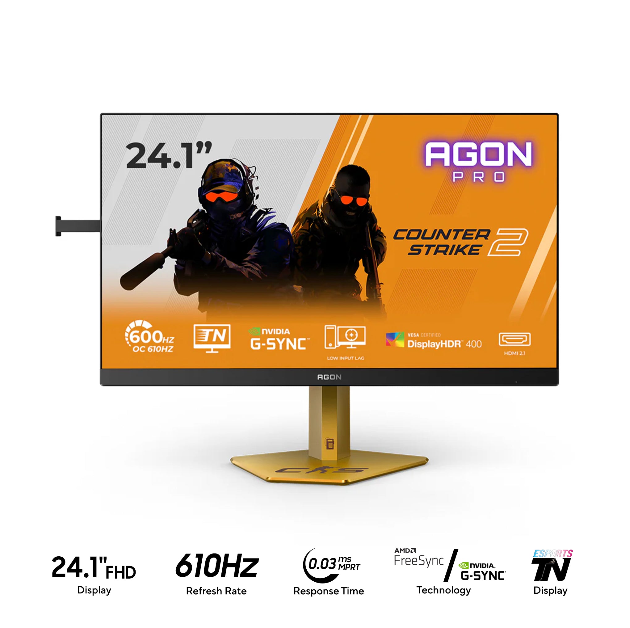 AOC Agon Pro CS24A/P 24.1" FHD (1920x1080) 610Hz 0.5ms GTG/0.3ms MPRT E-Sport TN Display Gaming Monitor With Tilt, Height, Pivot & Swivel Adjustment (Black/Gold)