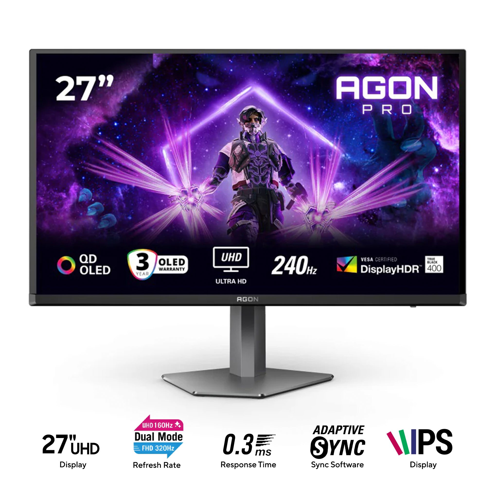 AOC Agon Pro AG276UZ/71 27" Dual Mode UHD (3840x2160) @ 240Hz/FHD (1920x1080) @ 480Hz 0.3ms MPRT Fast IPS Gaming Monitor with Tilt, Pivot, Swivel & Height Adjustment (Black/Grey)