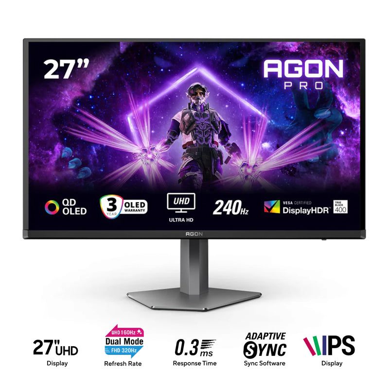 AOC Agon Pro AG276UZ/71 27" Dual Mode UHD (3840x2160) @ 240Hz/FHD (1920x1080) @ 480Hz 0.3ms MPRT Fast IPS Gaming Monitor with Tilt, Pivot, Swivel & Height Adjustment (Black/Grey)