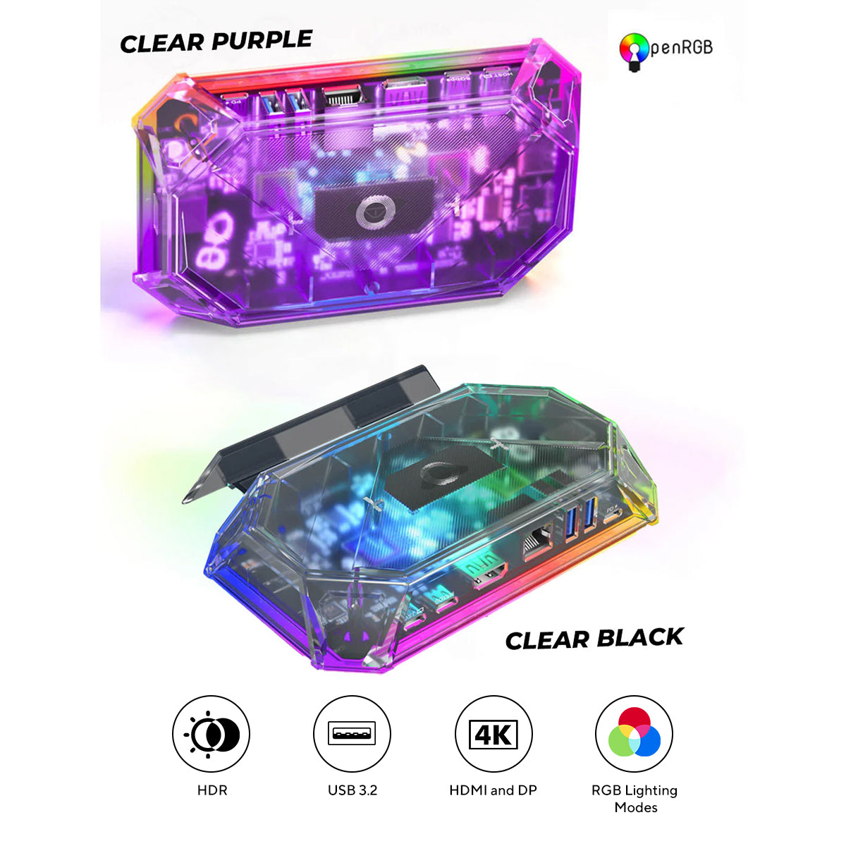 JSAUX 8-Port RGB Docking Station Pro for Steam Deck/ Steam Deck OLED/ ROG Ally/ ROG Ally X/ Legion Go/ MSI Claw (Clear Black, Clear Purple) (HB0801S)