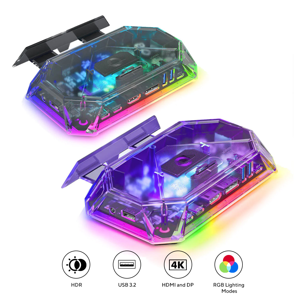 JSAUX 12-Port RGB Docking Station Pro for Steam Deck/ Steam Deck OLED/ ROG Ally/ ROG Ally X/ Legion Go/ MSI Claw (Clear Black, Clear Purple) (HB1201S)
