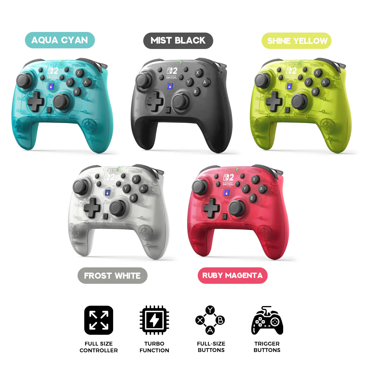 Hori Wireless Horipad Turbo Controller for Nintendo Switch 2 (Mist Black, Aqua Cyan, Frost White, Shine Yellow, Ruby Magenta) (NSX-126A, NSX-131A, NSX-132A, NSX-133A, NSX-134A)