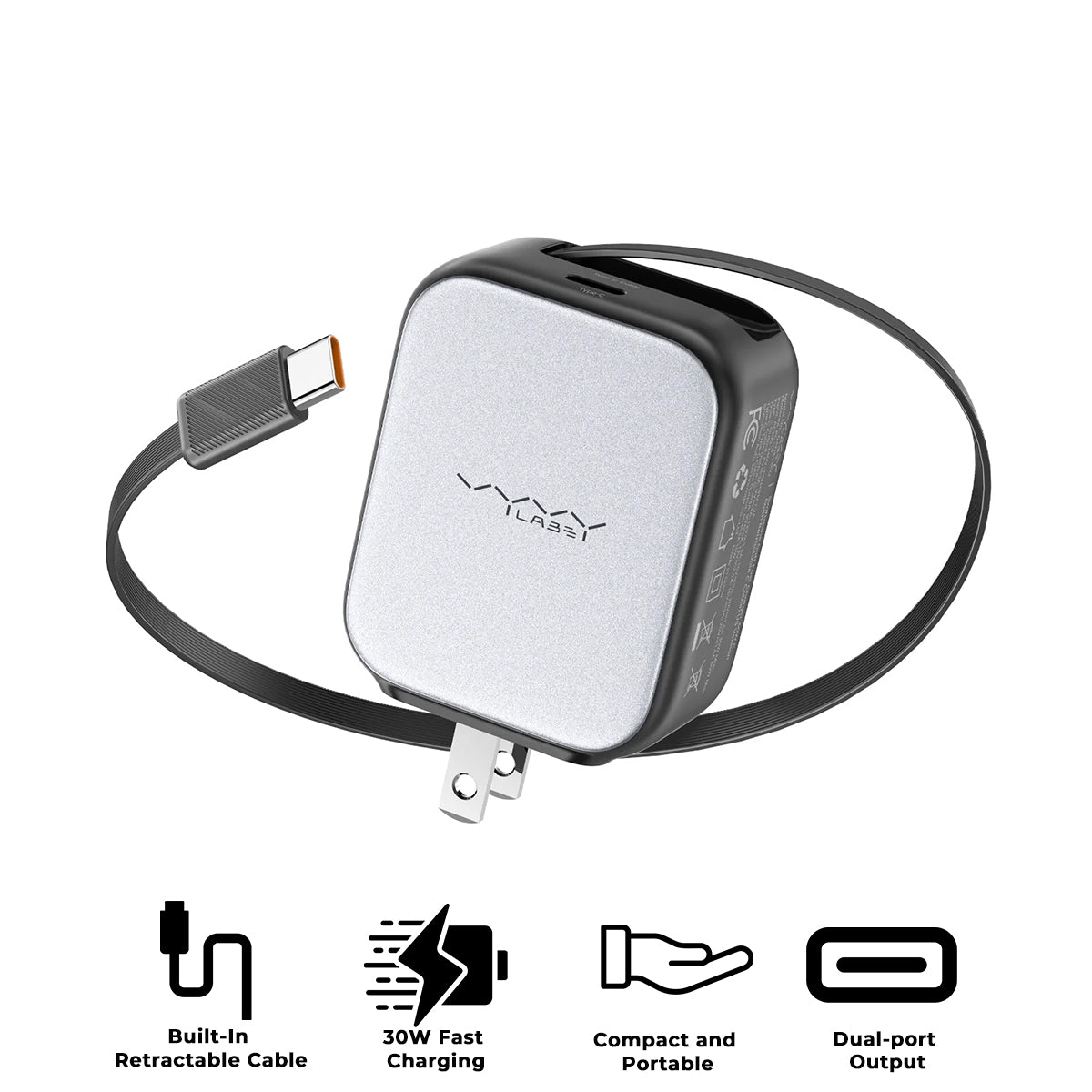 Vyvylabs Swiftshine GaN Fast Charger 30W C with Retractable C Cable