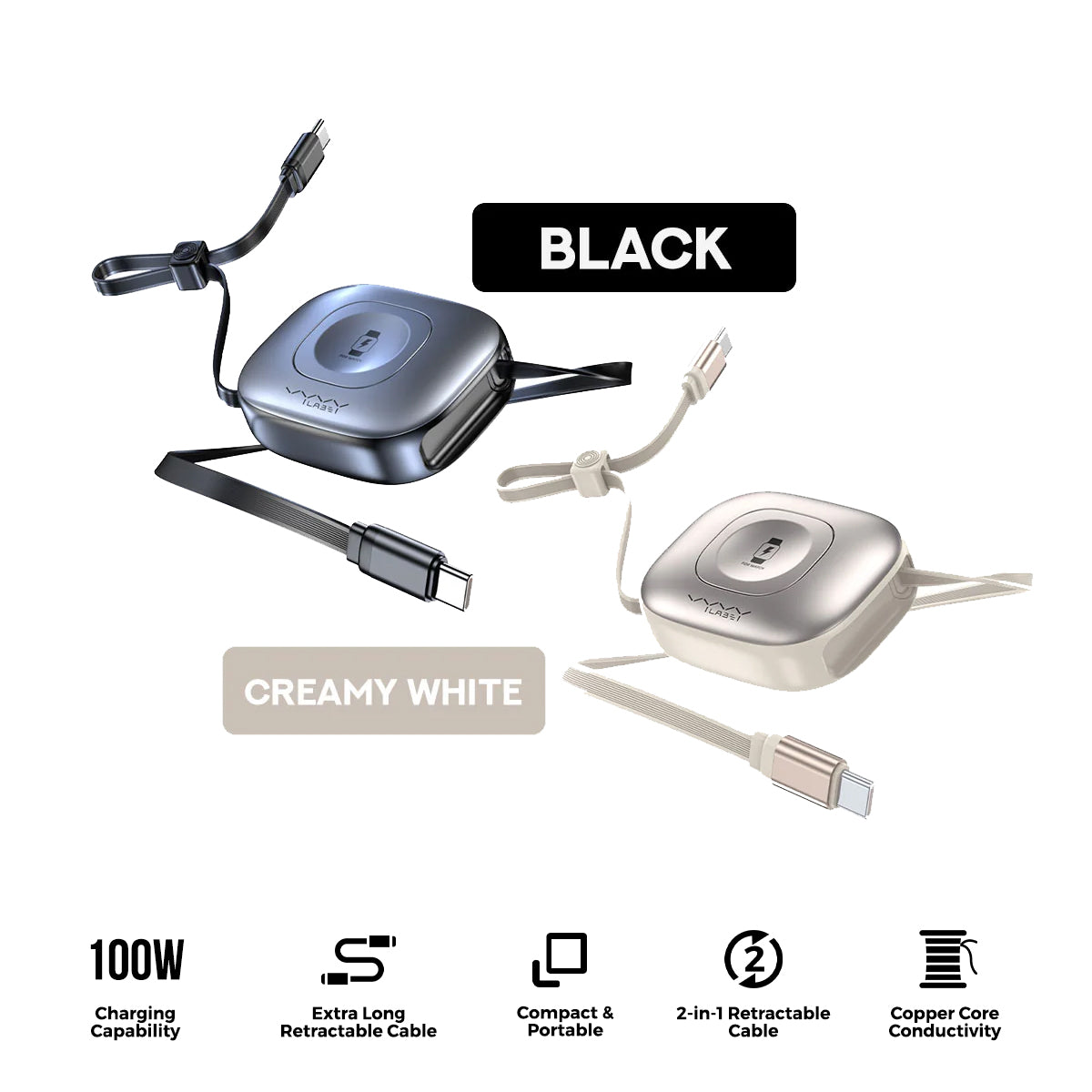 Vyvylabs Mi Square Retractable Cable and Wireless Watch Charger Type-C to Type-C 100W 