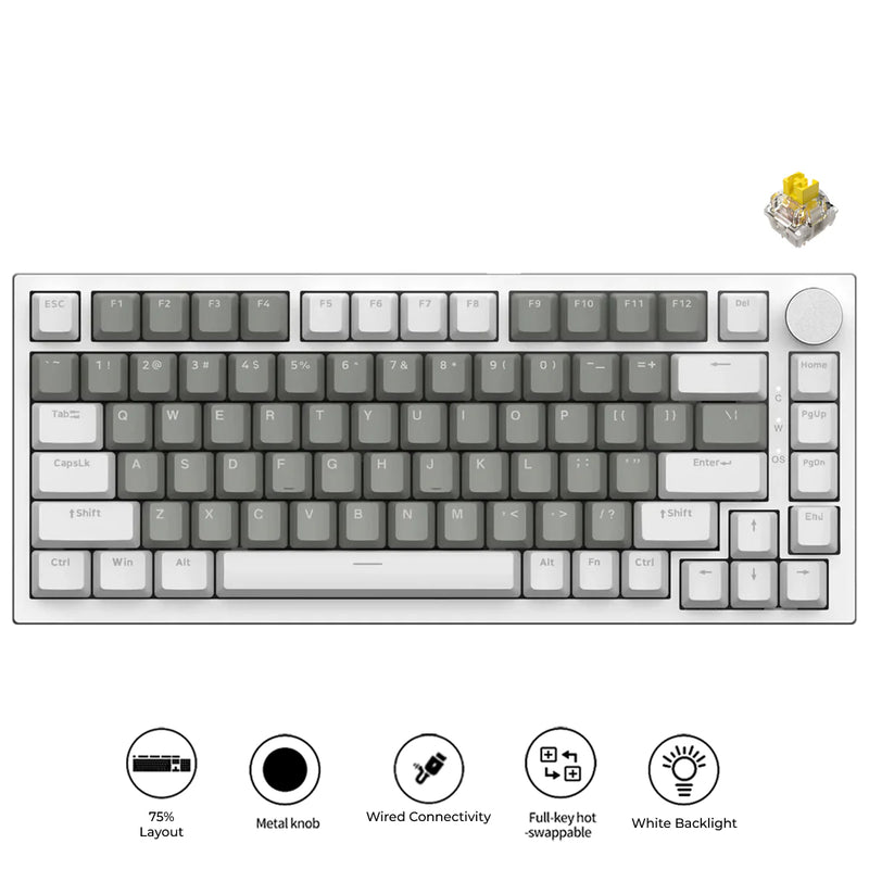 Ajazz AK820 White Backlit Wired 75% Hot-Swappable Mechanical Keyboard (White/Grey) (Mille Feuille Yellow Switch)
