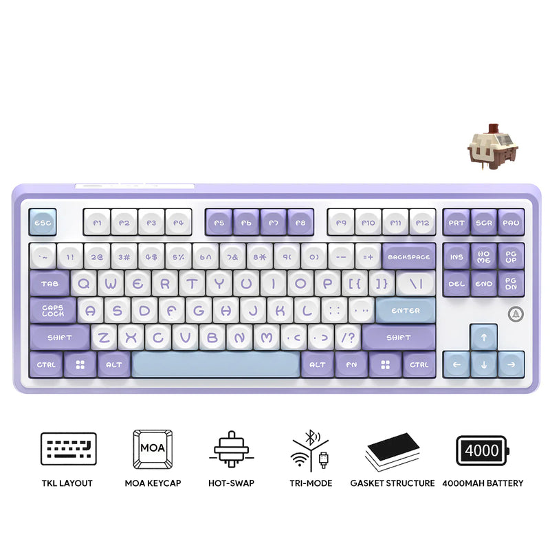 Ajazz AK870 RGB Tri-Mode 87-Keys TKL Gasket-mounted Hot Swappable Mechanical Keyboard (Purple/White/Blue) (Maillard Switch)