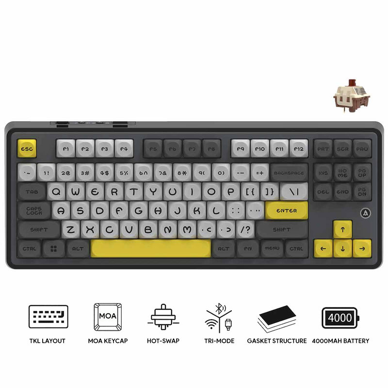 Ajazz AK870 RGB Tri-Mode 87-Keys TKL Gasket-mounted Hot Swappable Mechanical Keyboard (Black/Grey/Yellow) (Maillard Switch)