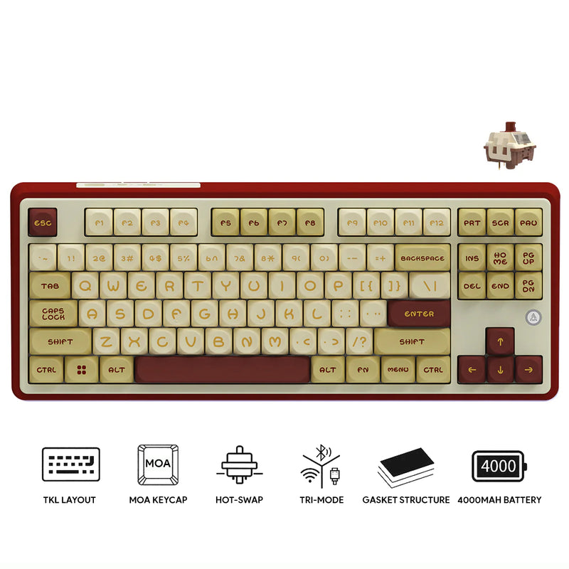 Ajazz AK870 RGB Tri-Mode 87-Keys TKL Gasket-mounted Hot Swappable Mechanical Keyboard (Grey/Cream/Red) (Maillard Switch)