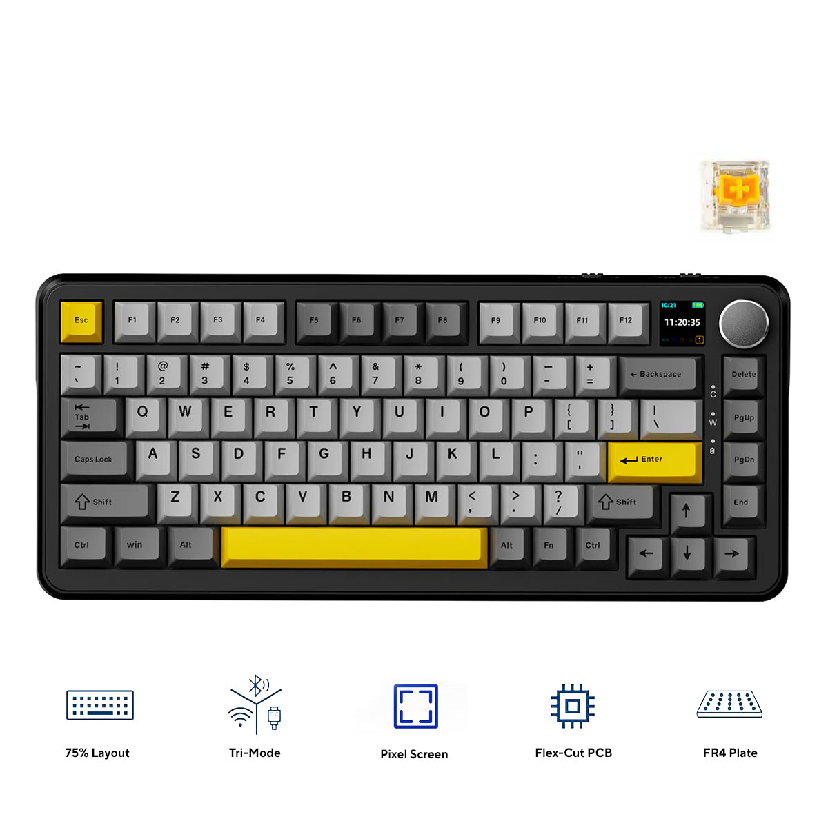 Ajazz AK820 Max RGB Tri-Mode 75% 82-Keys Gasket-mounted Hot Swappable Mechanical Keyboard with 1.14" TFT Display Screen & Knob (Black/Grey/Yellow) (Magnetic Switch)