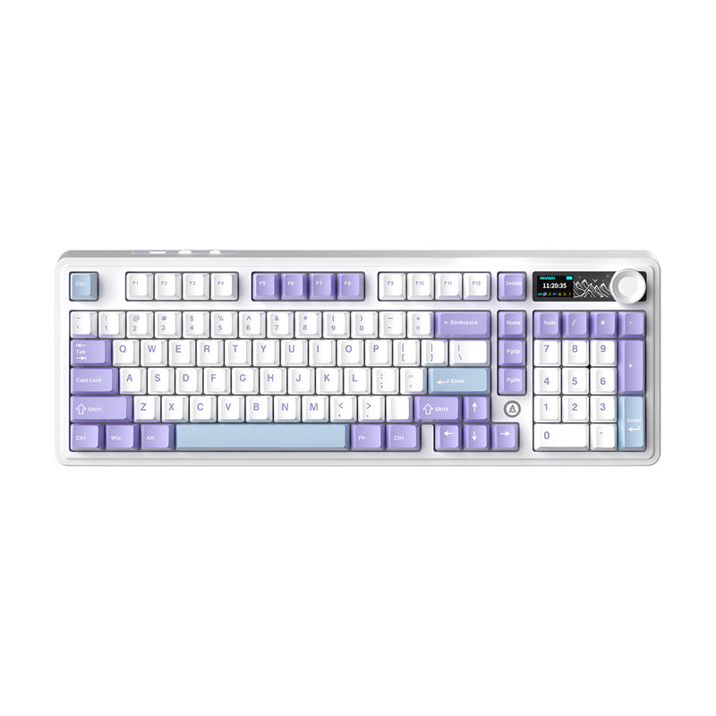 Ajazz AK980 RGB Tri-Mode 98% 97-Keys Gasket-Mounted Hot-Swappable Mechanical Keyboard with 1.14" TFT Display Screen & Knob (Purple/White/Blue) (Maillard Switch, Gift Switch V2)