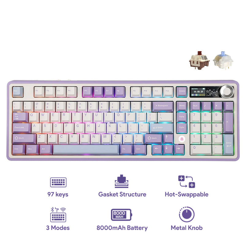 Ajazz AK980 RGB Tri-Mode 98% 97-Keys Gasket-Mounted Hot-Swappable Mechanical Keyboard with 1.14" TFT Display Screen & Knob (Purple/White/Blue) (Maillard Switch, Gift Switch V2)