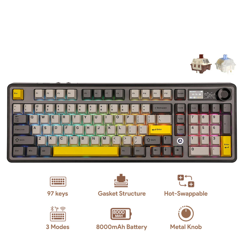 Ajazz AK980 RGB Tri-Mode 98% 97-Keys Gasket-Mounted Hot-Swappable Mechanical Keyboard with 1.14" TFT Display Screen & Knob (Black/Grey/Yellow) (Maillard Switch, Gift Switch V2)