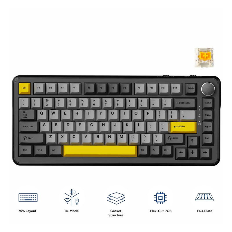 Ajazz AK820 Max RGB Tri-Mode 75% 82-Keys Gasket-mounted Hot Swappable Mechanical Keyboard (Black/Grey/Yellow) (Magnetic Switch)