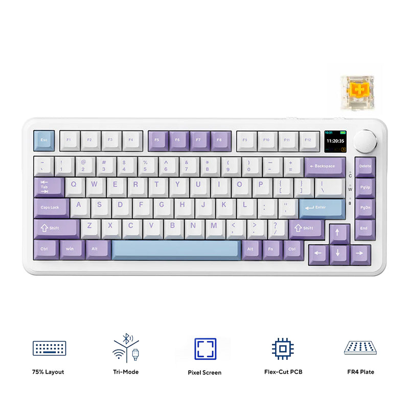 Ajazz AK820 Max RGB Tri-Mode 75% 82-Keys Gasket-mounted Hot Swappable Mechanical Keyboard with 1.14" TFT Display Screen & Knob (Purple/White/Blue) (Magnetic Switch)