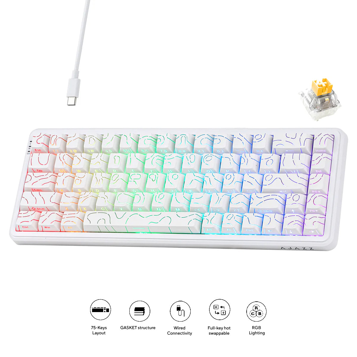 Ajazz AK680 Max RGB Wired 68-Keys Gasket-Mounted Hot Swappable Mechanical Keyboard (Contour White) (Magnetic Grain Hifi Switch)
