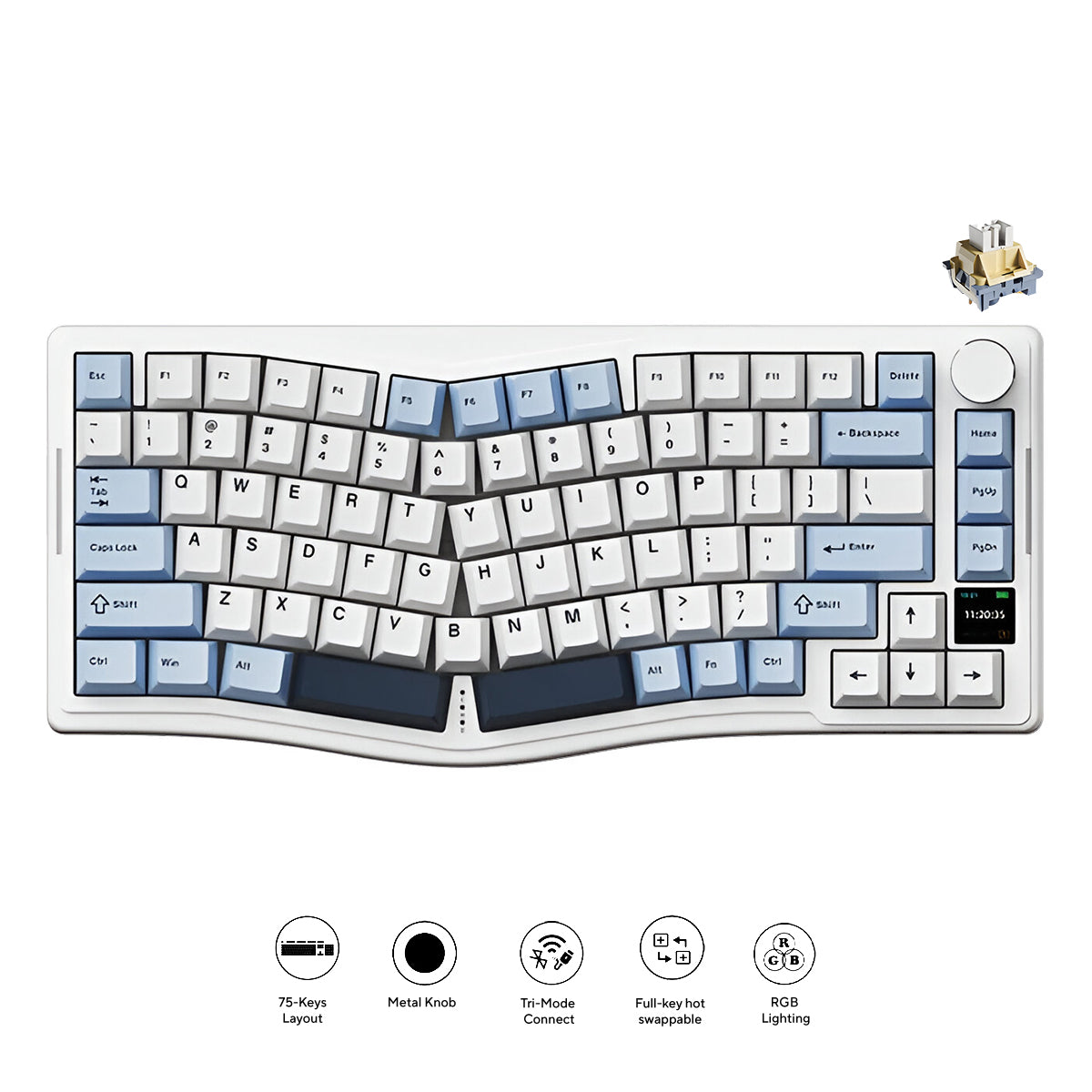 Ajazz AKS075 RGB Tri-Mode 75% Keys Hot Swappable Mechanical Keyboard with Screen (Blue/White/Blue) (Day Dream Switch)