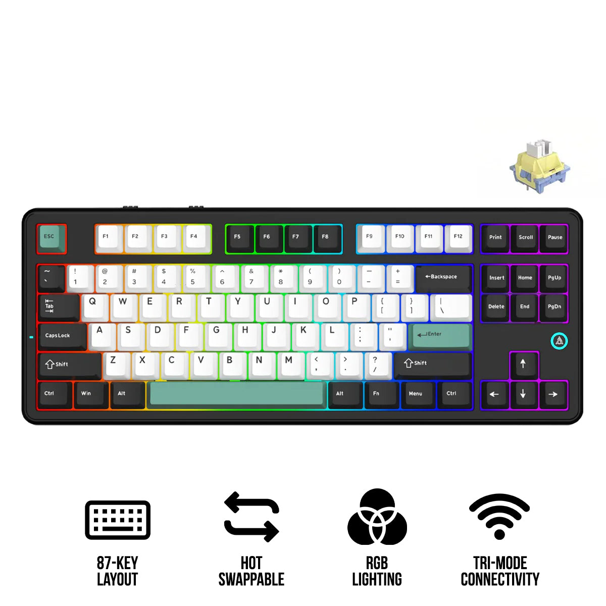 Ajazz AK870 V2 RGB Tri-Mode 87-Keys TKL Gasket-mounted Hot Swappable Mechanical Keyboard (Black/White/Blue) (Day Dream Switch)