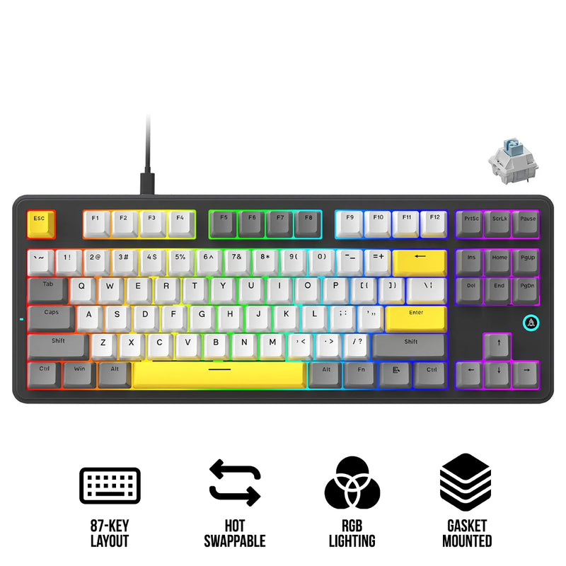 Ajazz AK870 V2 RGB Wired 87-Keys TKL Gasket-mounted Hot Swappable Mechanical Keyboard (Grey/White/Yellow) (Flying Fish Switch)